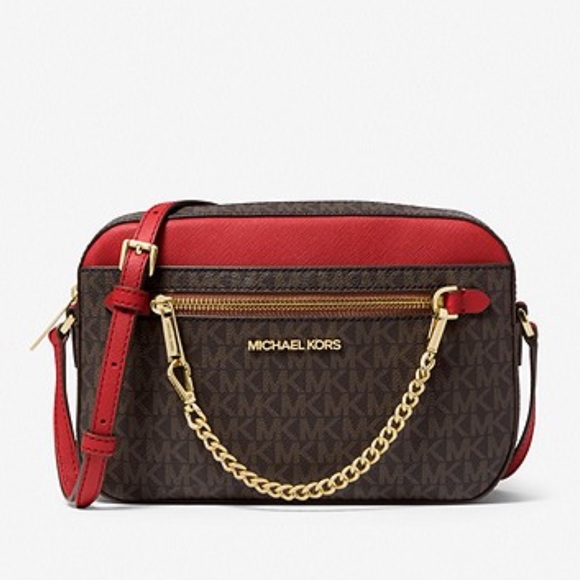 Michael Kors Red/Beige Signature Coated Canvas and Leather Jet Set Camera  Bag Michael Kors